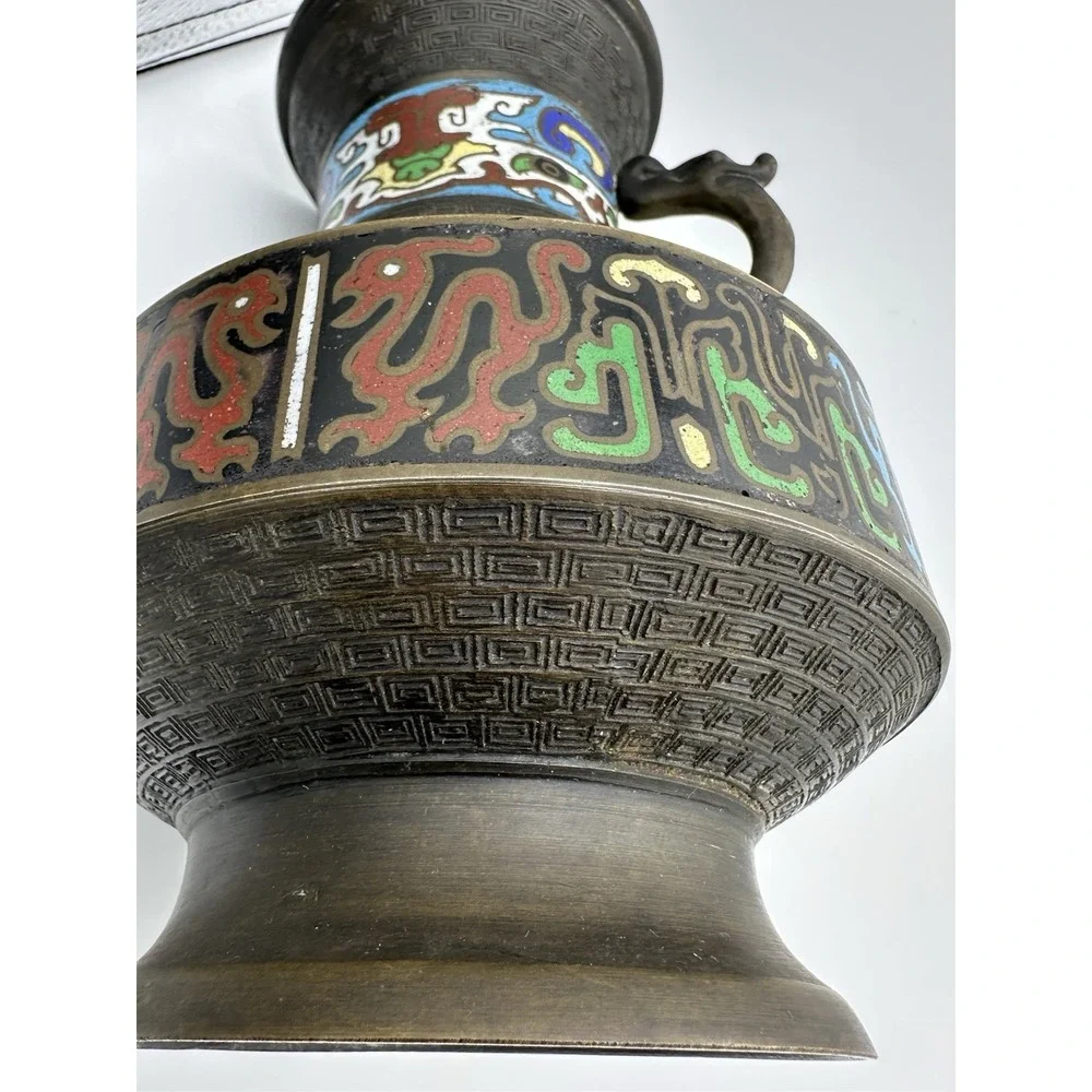 Antique Japanese Enamel‎ Cloisonne Champleve Bronze Vase 10
